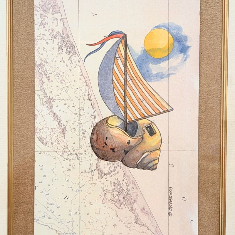 Mixed Media on Vintage Map by E.M. Corsa, Outer Banks, NC 2013