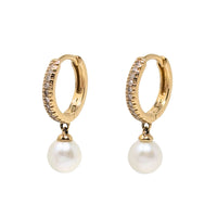 14K Yellow Gold Pearl Dangle & Diamond Pavé 10.8mm Huggie Hoop Earrings
