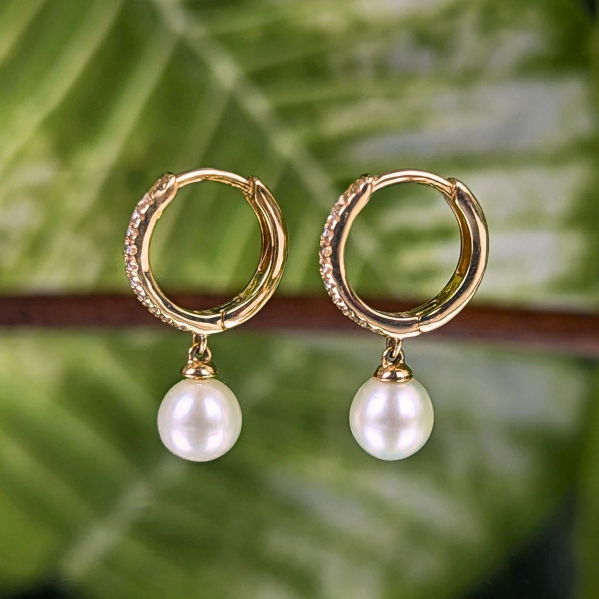 14K Yellow Gold Pearl Dangle & Diamond Pavé 10.8mm Huggie Hoop Earrings
