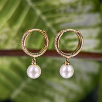 14K Yellow Gold Pearl Dangle & Diamond Pavé 10.8mm Huggie Hoop Earrings