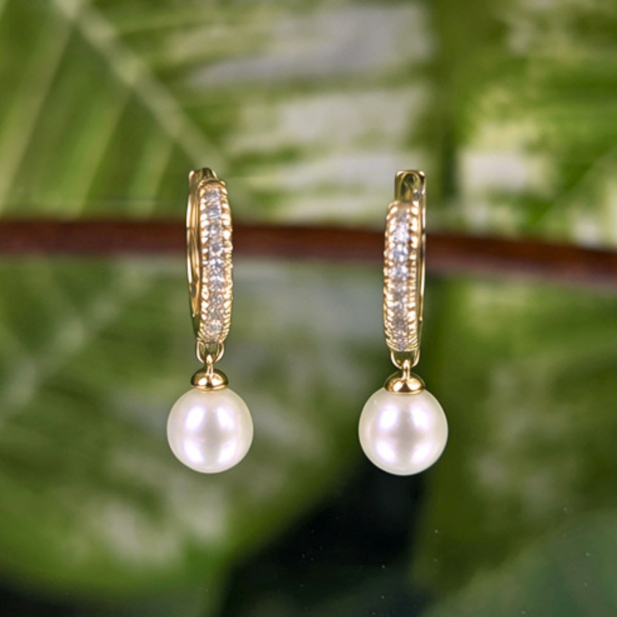 14K Yellow Gold Pearl Dangle & Diamond Pavé 10.8mm Huggie Hoop Earrings