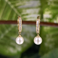 14K Yellow Gold Pearl Dangle & Diamond Pavé 10.8mm Huggie Hoop Earrings