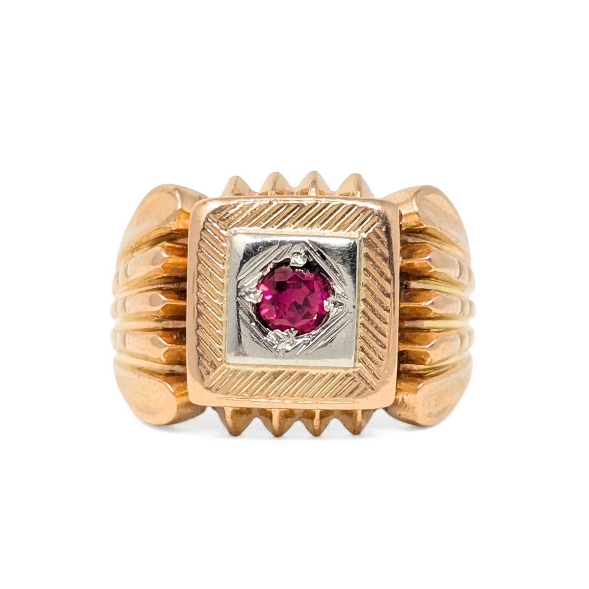 Vintage Italian 18K Two-Tone Gold & Ruby Men's Statement Ring, 11.7g - Size 9