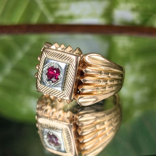 Vintage Italian 18K Two-Tone Gold & Ruby Men's Statement Ring, 11.7g - Size 9