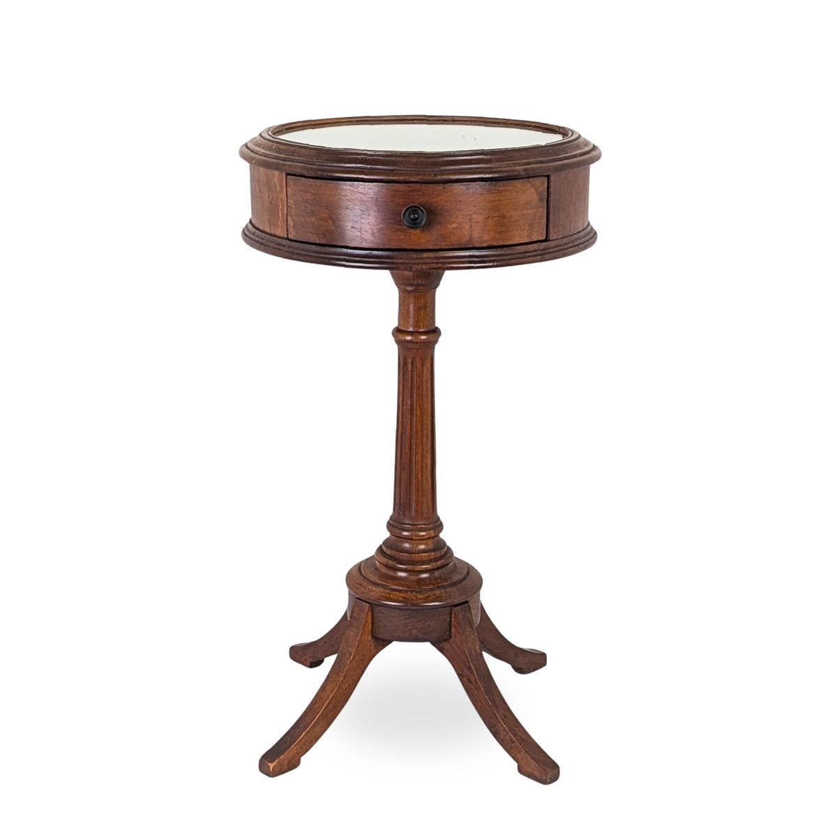 Vintage 1940's Petite Walnut Drum Table/Accent Stand - Inset Mirror Top & Drawer