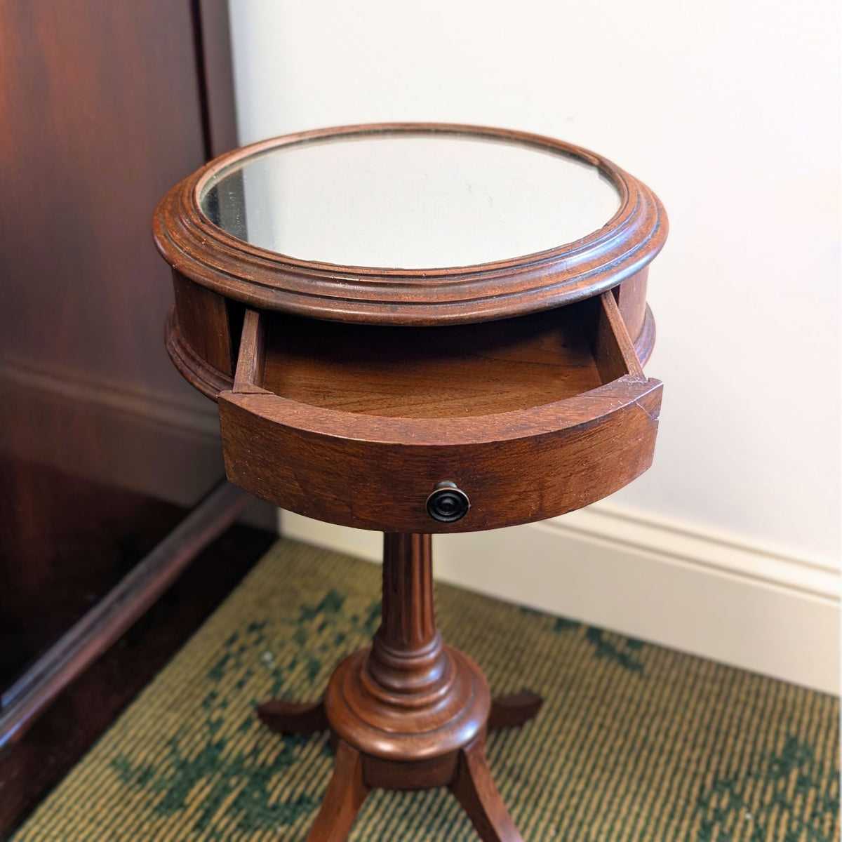 Vintage 1940's Petite Walnut Drum Table/Accent Stand - Inset Mirror Top & Drawer