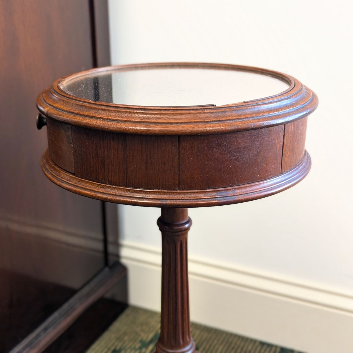 Vintage 1940's Petite Walnut Drum Table/Accent Stand - Inset Mirror Top & Drawer