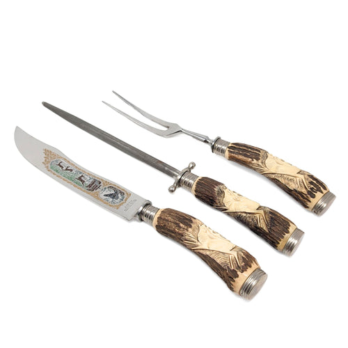 Vintage Baron Solingen 3pc Carving Set w/ Carved Stag Horn Handles in Box
