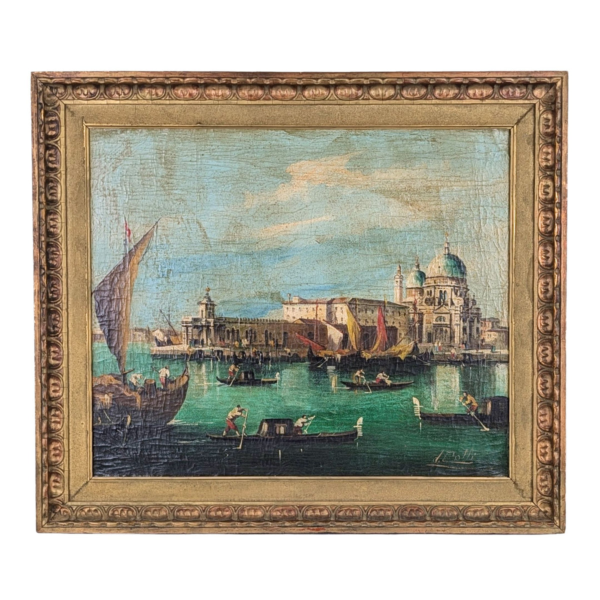 Vintage Italian Oil Painting of a Venice Lagoon, Signed D. Colli - 29x25 Framed
