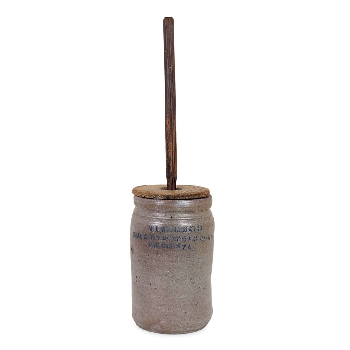 Antique 1-Gal Stoneware Butter Churn W L Williams & Brother, Oak Grove VA, 19.5"