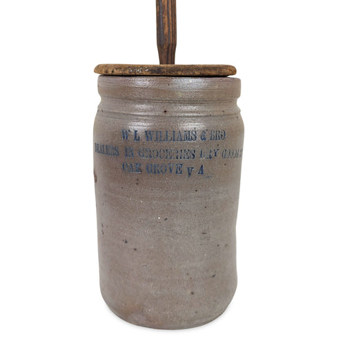Antique 1-Gal Stoneware Butter Churn W L Williams & Brother, Oak Grove VA, 19.5"