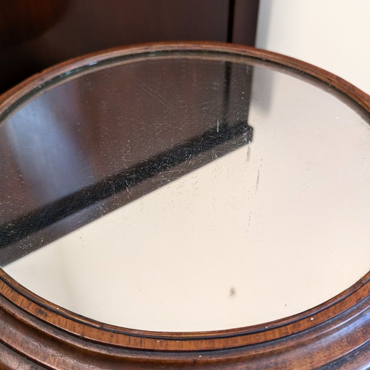 Vintage 1940's Petite Walnut Drum Table/Accent Stand - Inset Mirror Top & Drawer