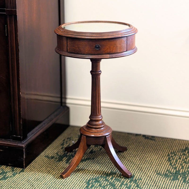Vintage 1940's Petite Walnut Drum Table/Accent Stand - Inset Mirror Top & Drawer