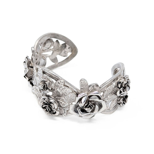 Vintage 800 Silver 3-Dimensional Repousse Rose Cuff Bracelet, 30mm Wide, 43.3g