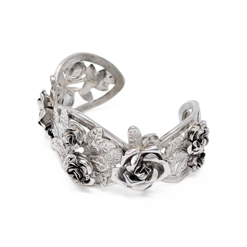 Vintage 800 Silver 3-Dimensional Repousse Rose Cuff Bracelet, 30mm Wide, 43.3g