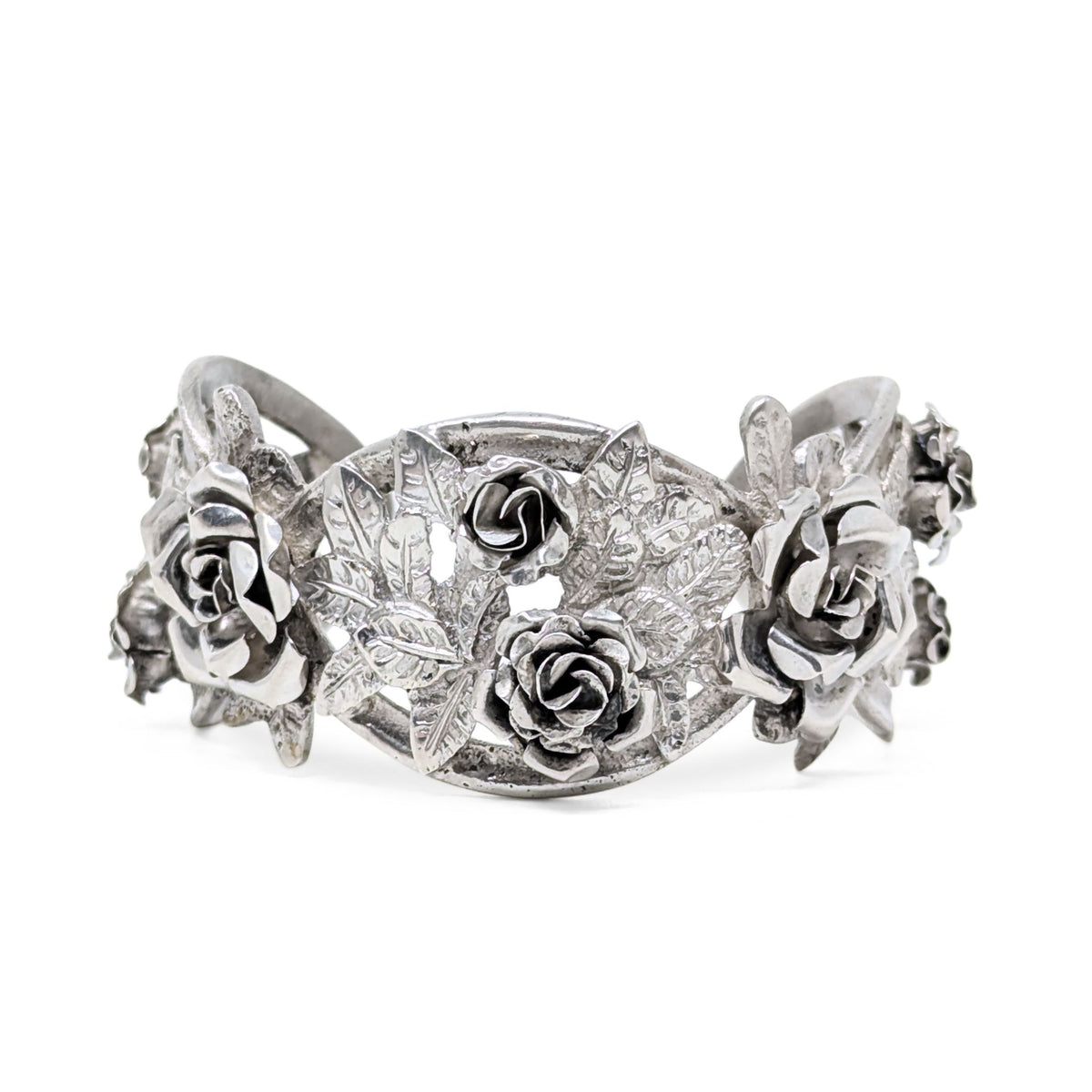 Vintage 800 Silver 3-Dimensional Repousse Rose Cuff Bracelet, 30mm Wide, 43.3g