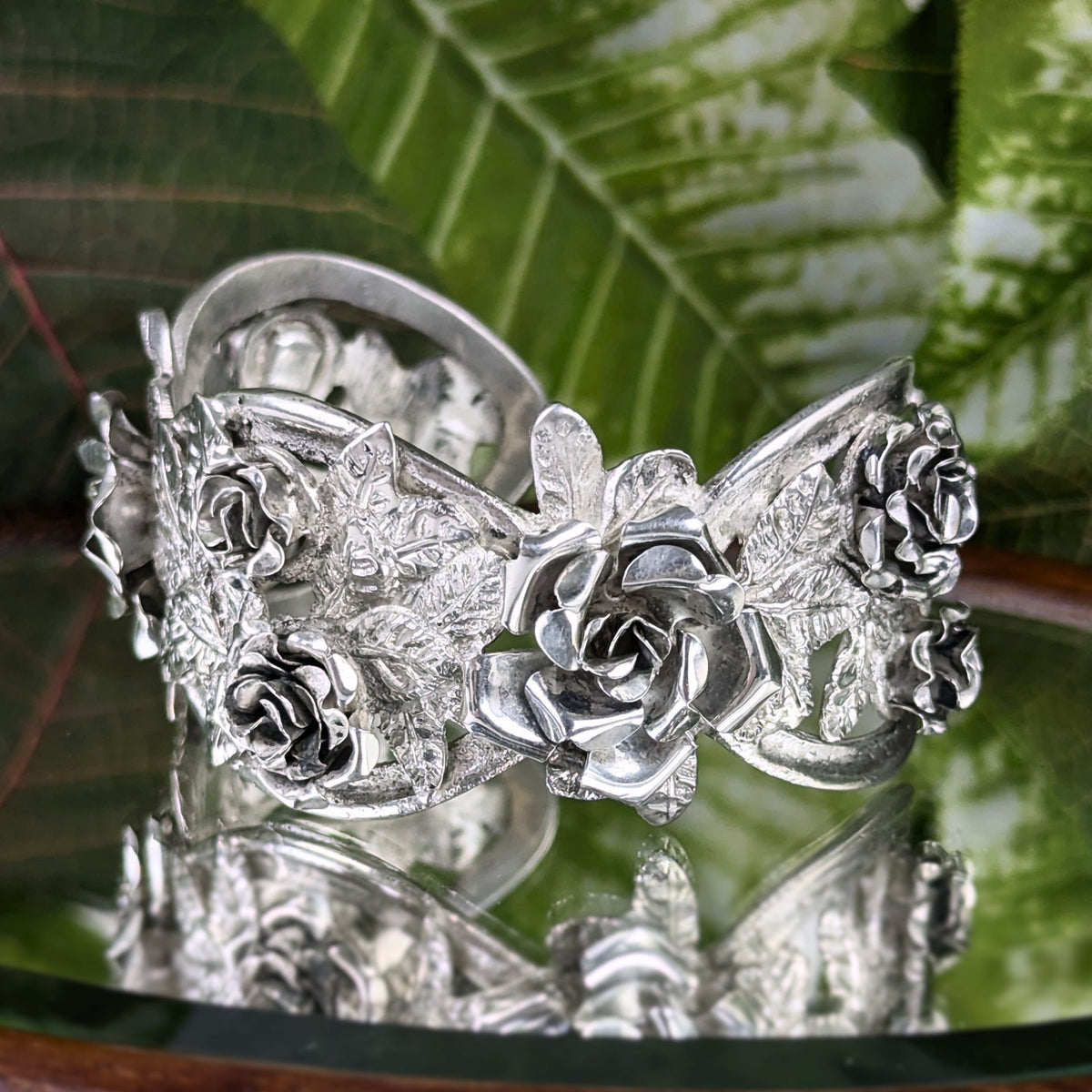 Vintage 800 Silver 3-Dimensional Repousse Rose Cuff Bracelet, 30mm Wide, 43.3g