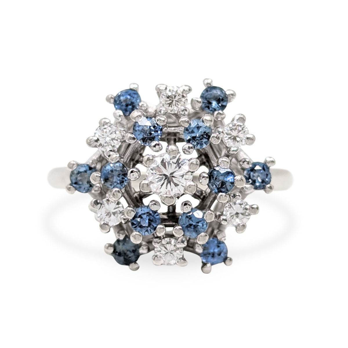 Vintage 14K White Gold Diamond & London Blue Topaz Cluster Ring, Sz 9.5