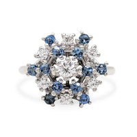 Vintage 14K White Gold Diamond & London Blue Topaz Cluster Ring, Sz 9.5