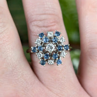 Vintage 14K White Gold Diamond & London Blue Topaz Cluster Ring, Sz 9.5