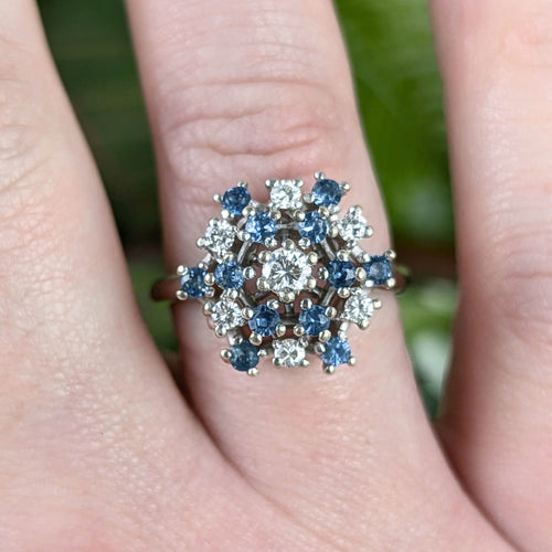 Vintage 14K White Gold Diamond & London Blue Topaz Cluster Ring, Sz 9.5