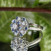 Vintage 14K White Gold Diamond & London Blue Topaz Cluster Ring, Sz 9.5