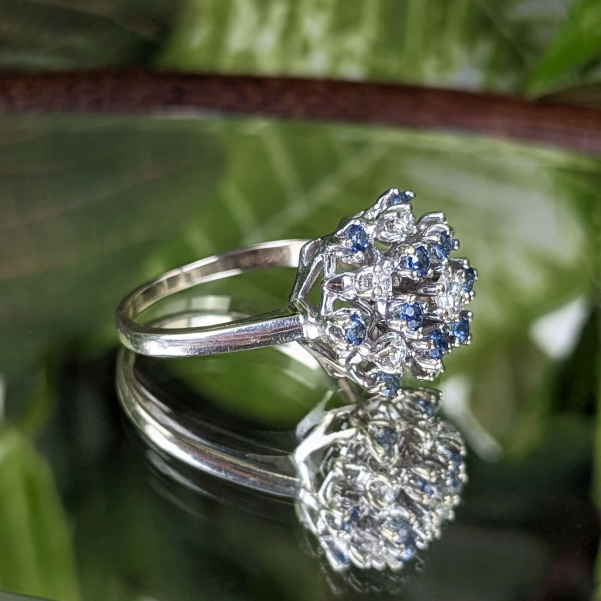 Vintage 14K White Gold Diamond & London Blue Topaz Cluster Ring, Sz 9.5