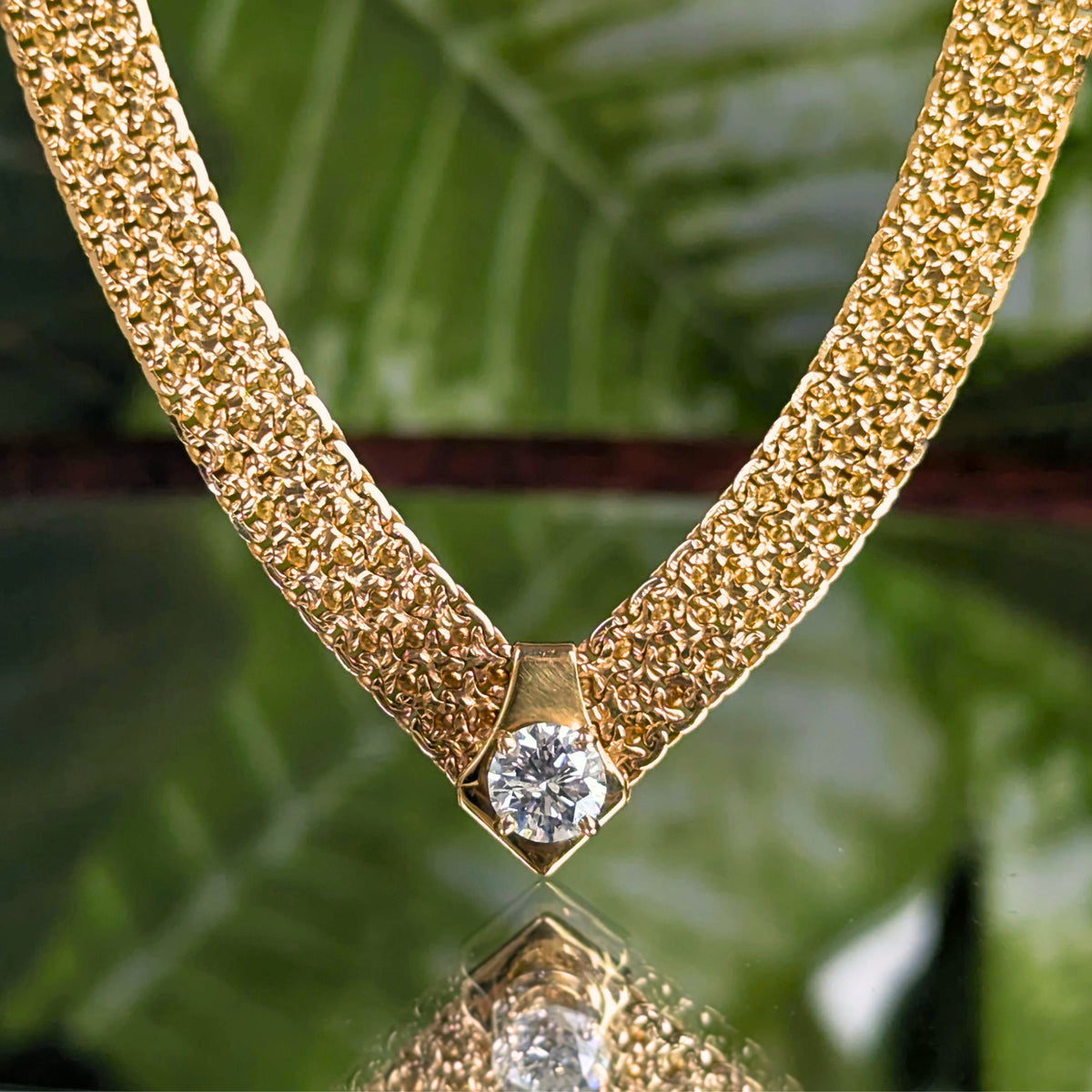 Vintage Italian 14K Gold Panther Mesh 0.40ct F/SI Diamond Solitaire Necklace 15.1g