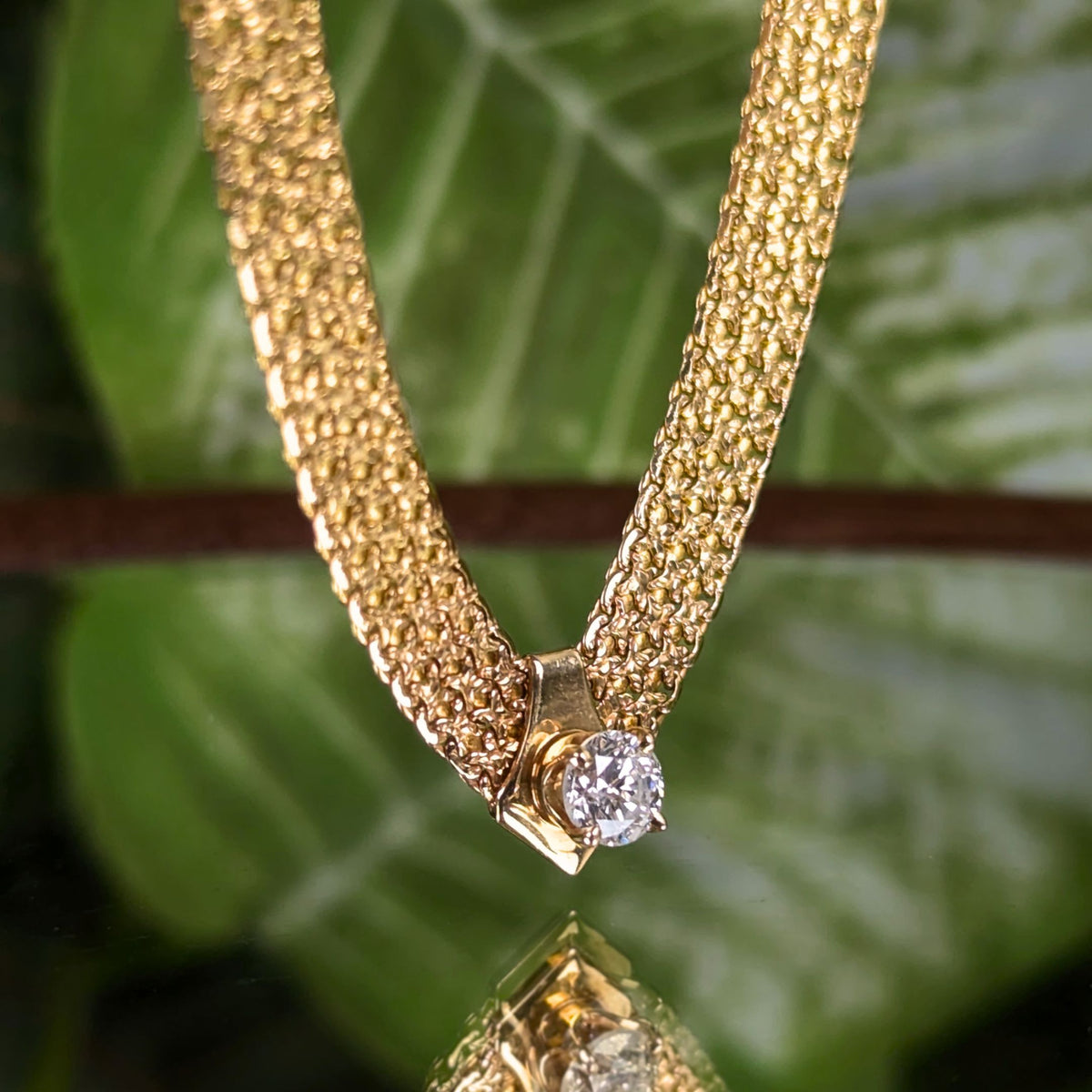Vintage Italian 14K Gold Panther Mesh 0.40ct F/SI Diamond Solitaire Necklace 15.1g