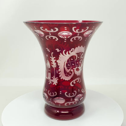 Egermann Bohemian Etched Cut to Clear Ruby Trumpet Vase