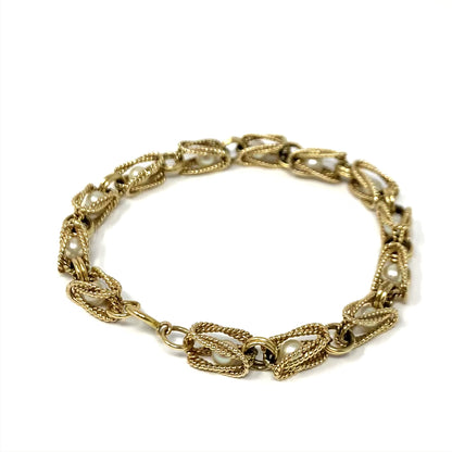 10K Yellow Gold Pearl Rope Knot Link Bracelet 7.25" Long