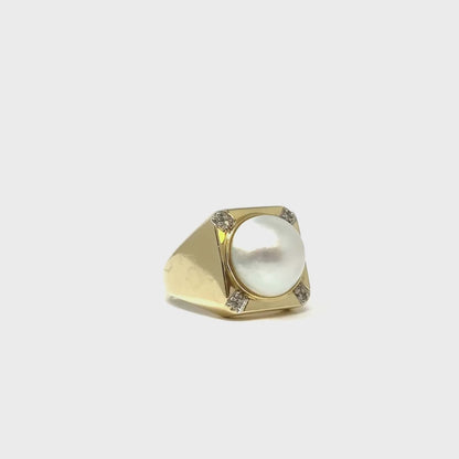 14K Gold 12mm Pearl & Diamond Ring - Size 7.75