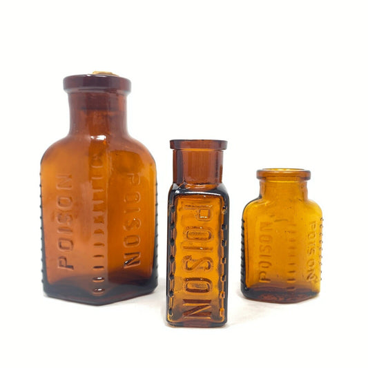 Set of 3 Antique American Amber Glass KV-1 & KR-9 Poison Bottles