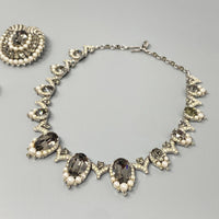 Crown Trifari "Jewels of India" Gray Rhinestone Necklace, Earring, & Brooch Set