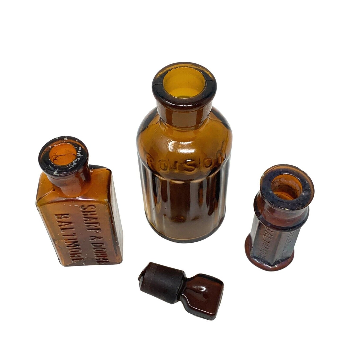 Set of 3 Antique Amber Glass Poison Bottles (KC-92 + 2 More)
