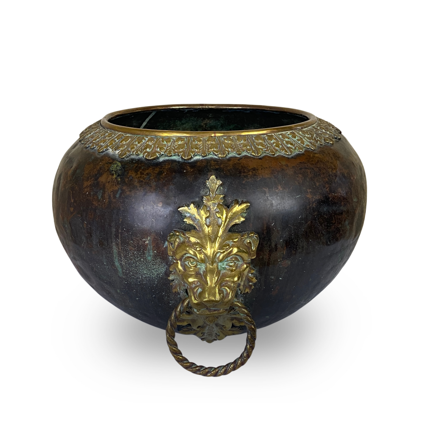 Antique 18th C. Copper & Brass Lion Decorated 20" Planter