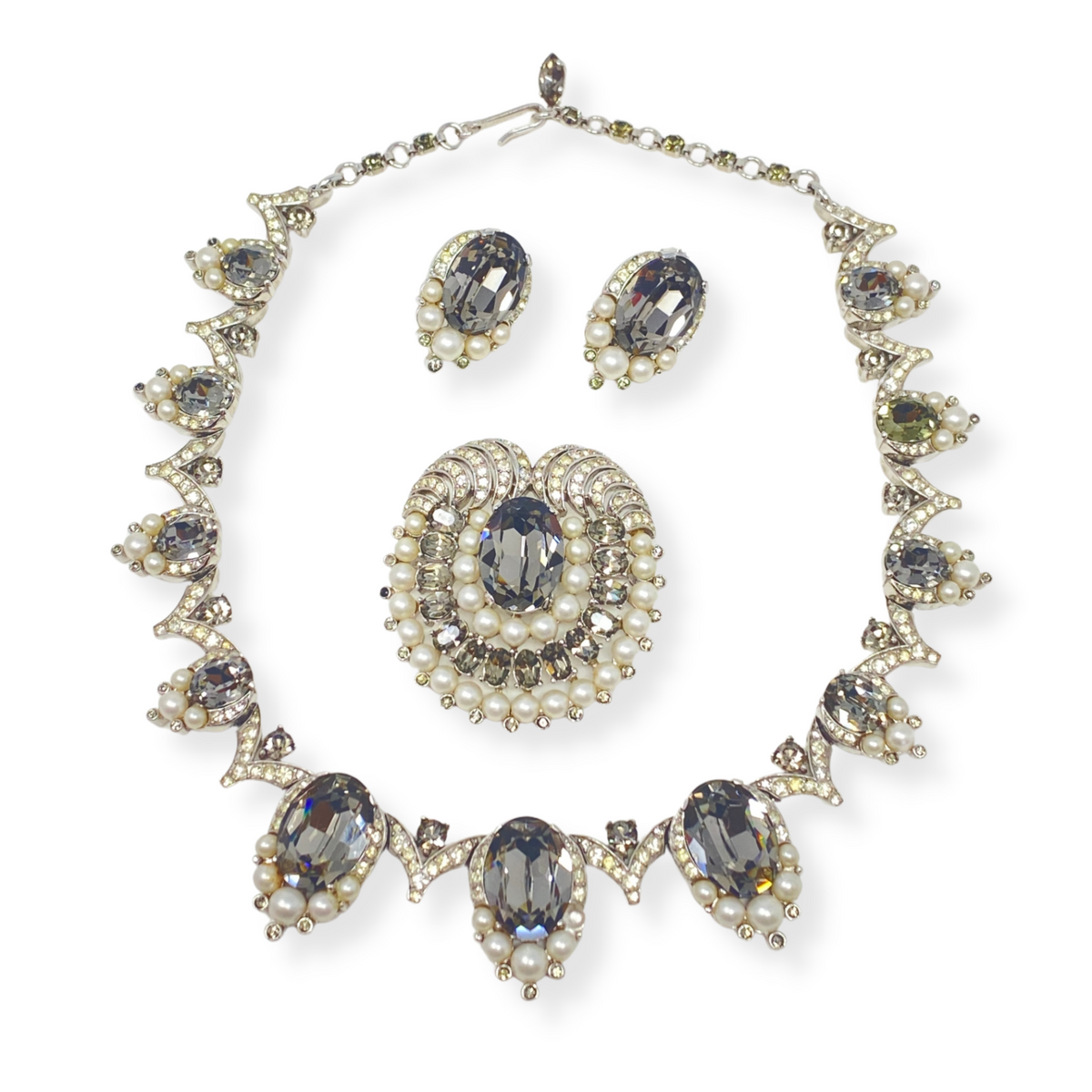 Crown Trifari "Jewels of India" Gray Rhinestone Necklace, Earring, & Brooch Set