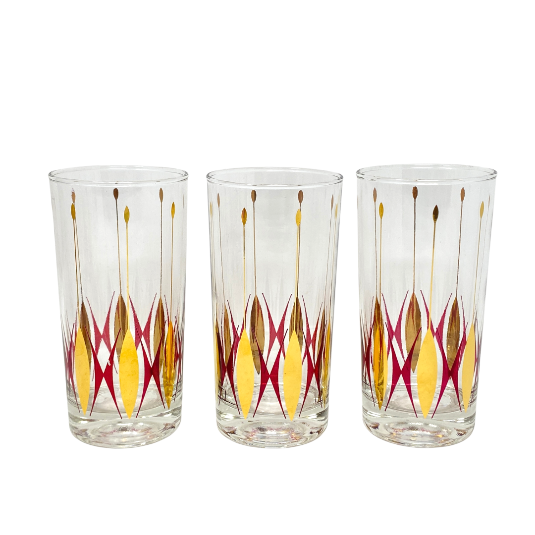 Mid-Century Atomic Cranberry & Gold Highball Tumblers (15)