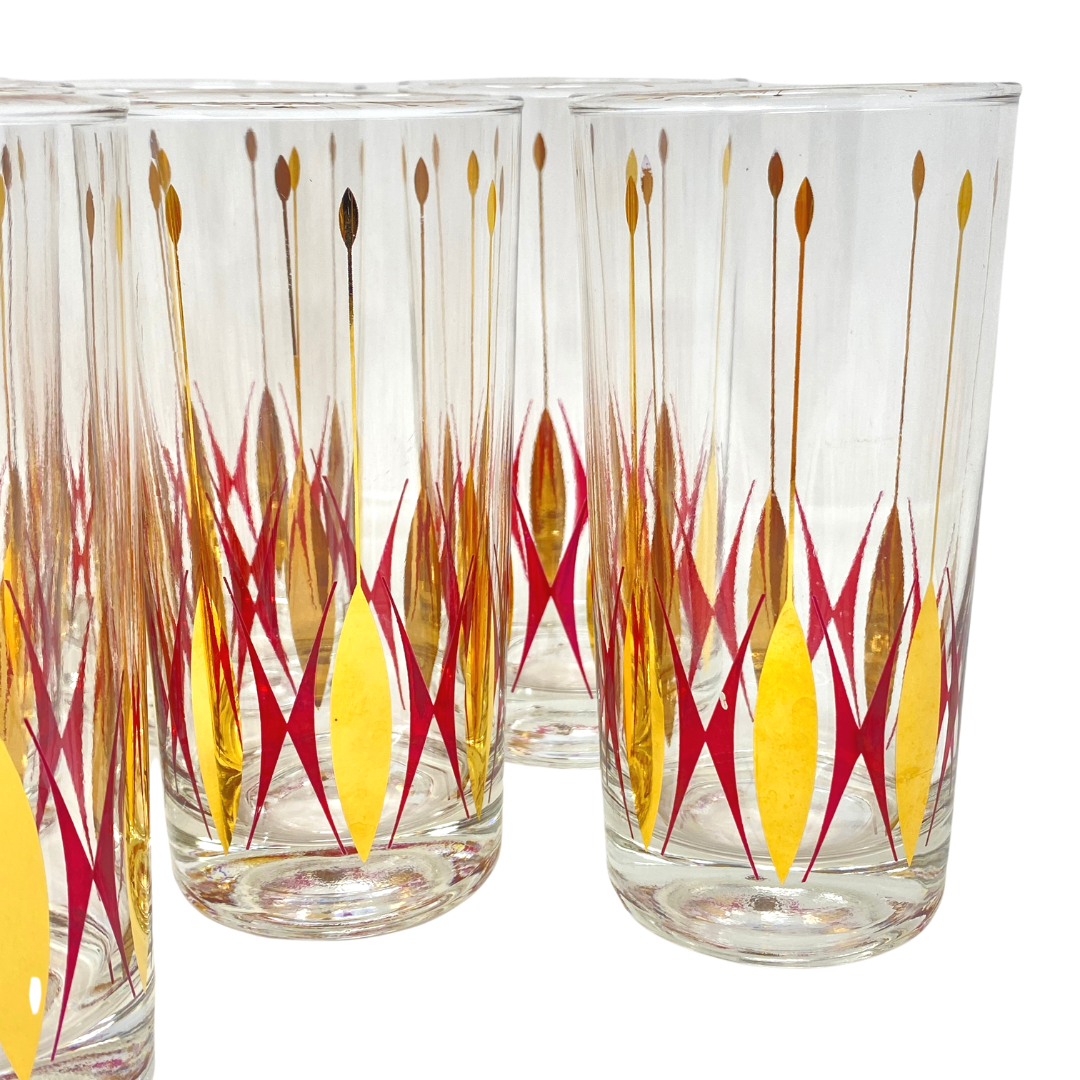 Mid-Century Atomic Cranberry & Gold Highball Tumblers (15)