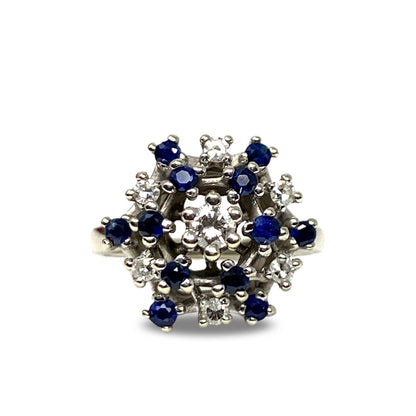 14K Gold Diamond & Blue Sapphire Cluster Ring