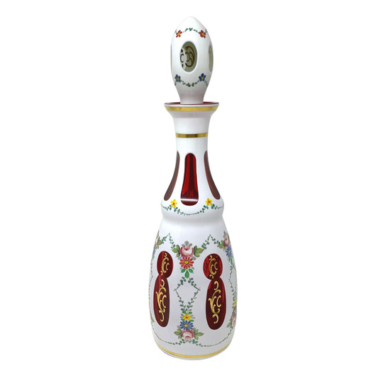 Bohemian Glass White Cut To Cranberry Decanter With Stopper