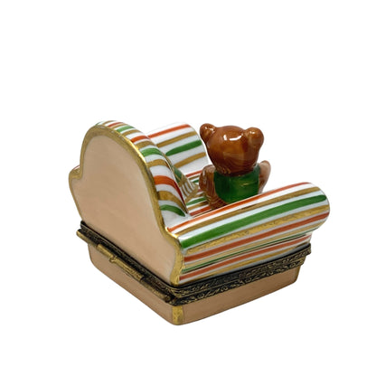 Limoges France "Teddy Bear on Striped Chair" Hand Painted Trinket Box