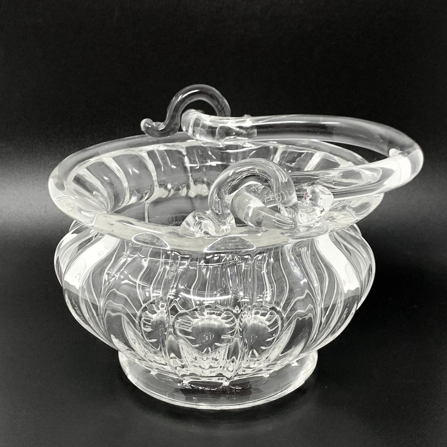 Tiffany Hand Blown Fluted Glass Bowl/ Basket With Handle