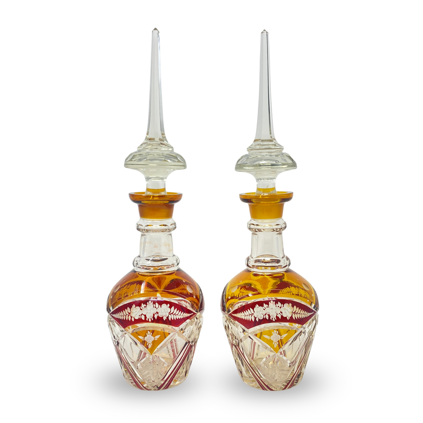 Bohemian Amber & Cranberry Cut to Clear Spire Stopper Crystal Decanters (Pair)