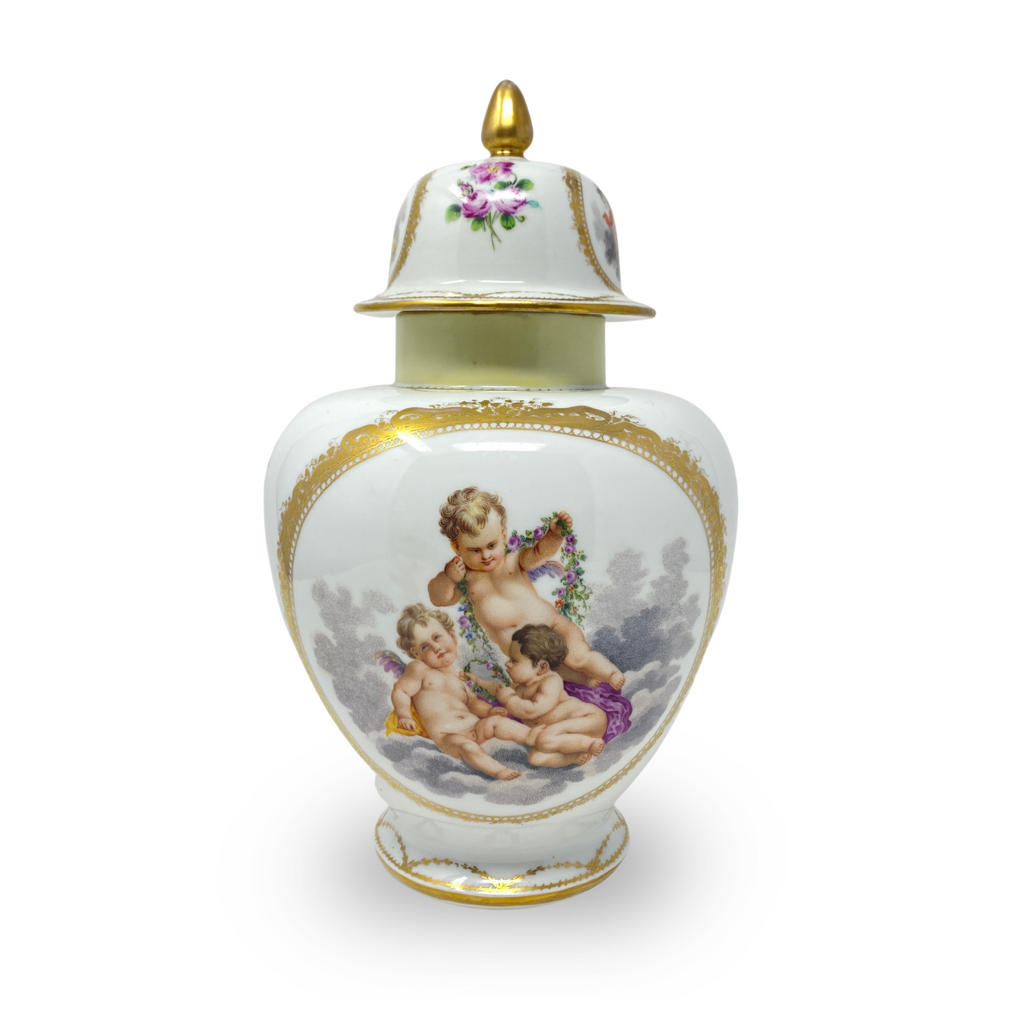Dresden Lidded 12" Cherub & Gilt Porcelain Vase