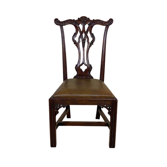 Chippendale Mahogany Leather Cushioned Side Chair