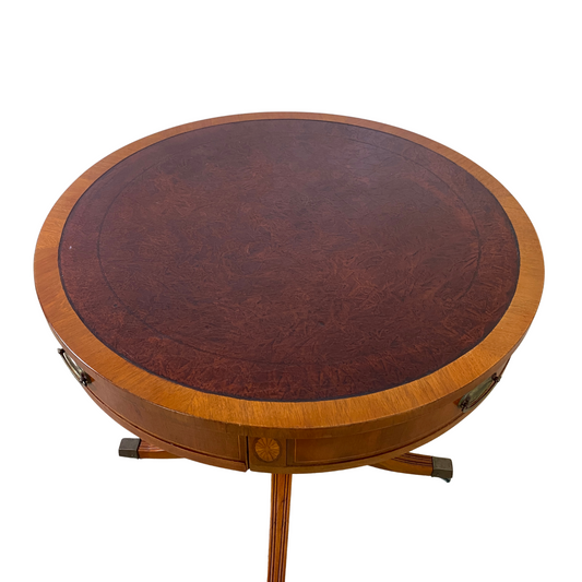 Vintage Leather Top Inlaid 30" Drum Table