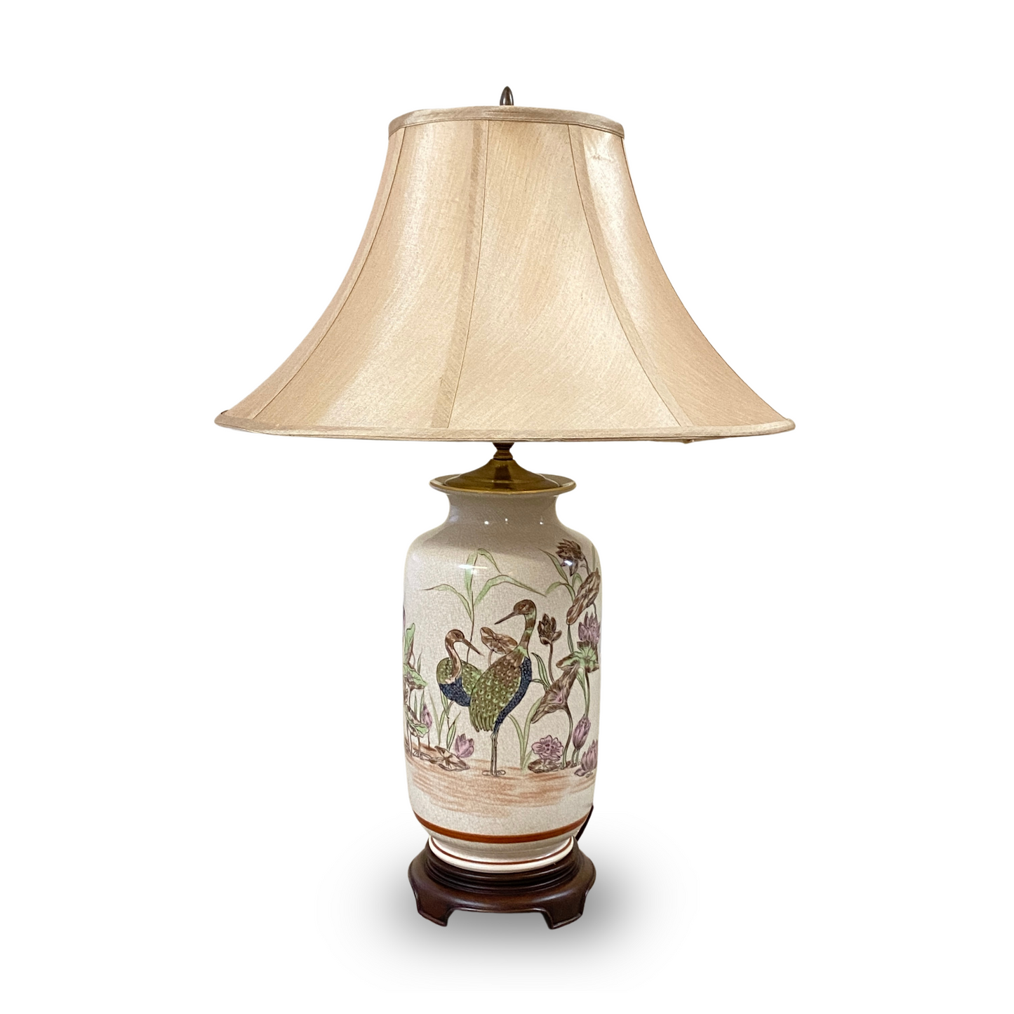 Artist Signed Crane & Lotus Porcelain Vase Lamp