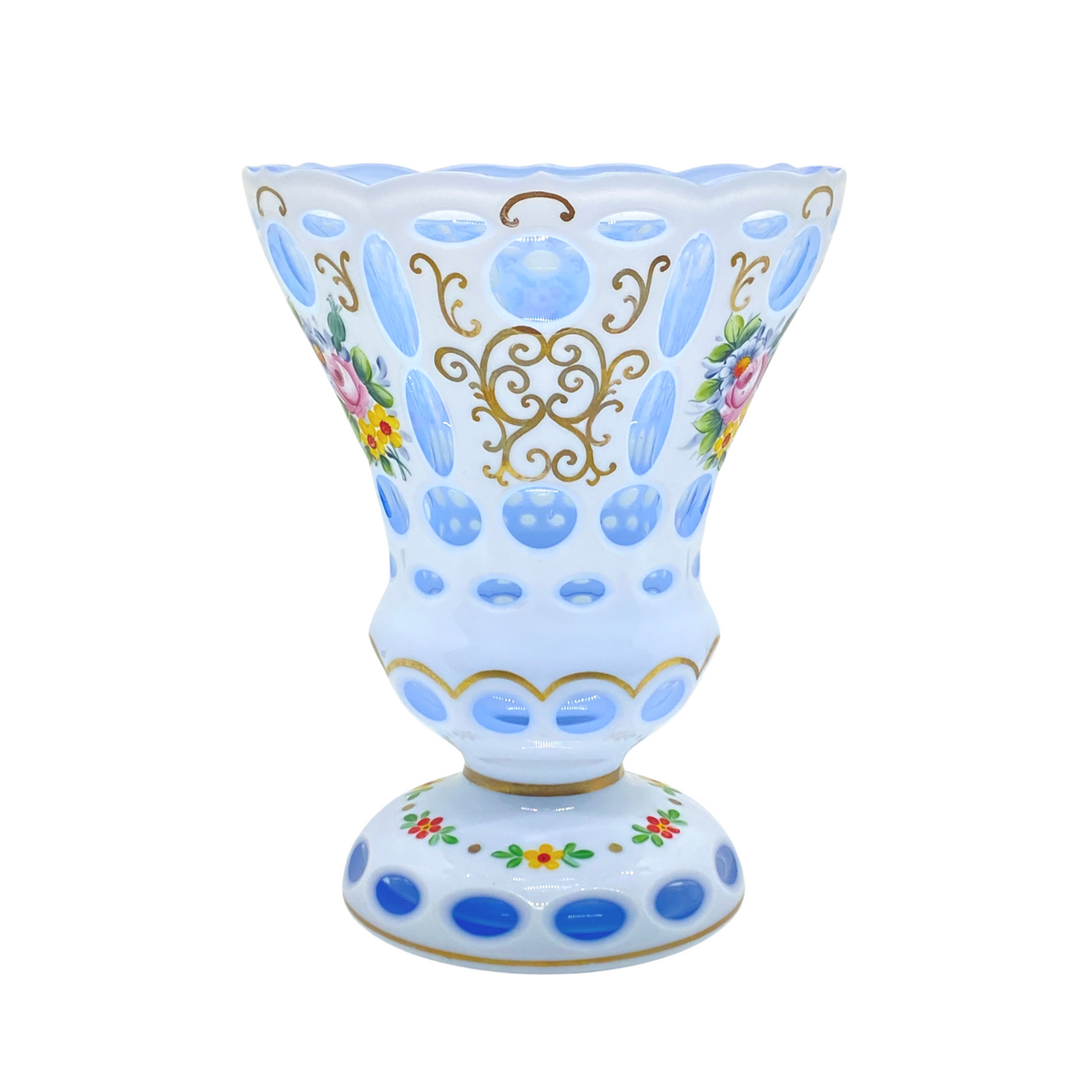 Bohemian Czech Cut to Blue Hand Painted Vase