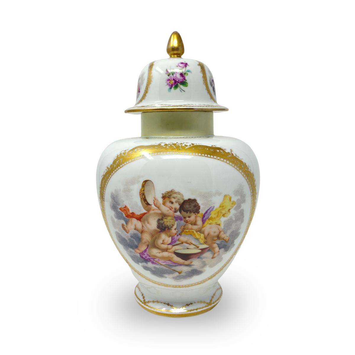 Dresden Lidded 12" Cherub & Gilt Porcelain Vase